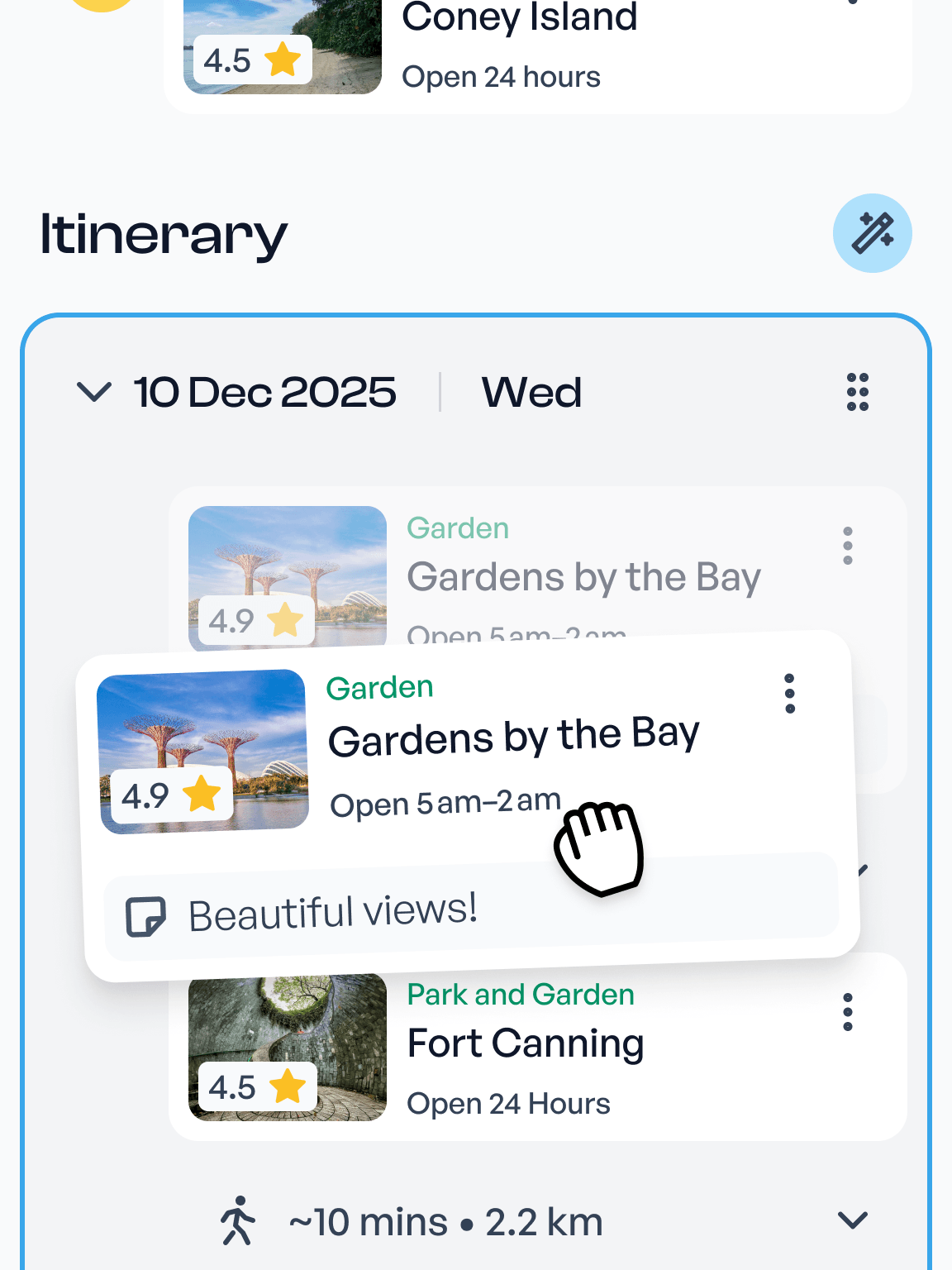 Outbound itinerary planner screenshot